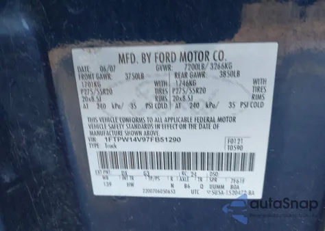 2007 Ford F-150 Fx4/Lariat/Xlt from USA, damaged, VIN 1FTPW14V97FB51290